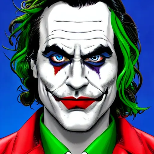 Image similar to detailed comics book cover joaquin phoenix joker in the style of alex ross