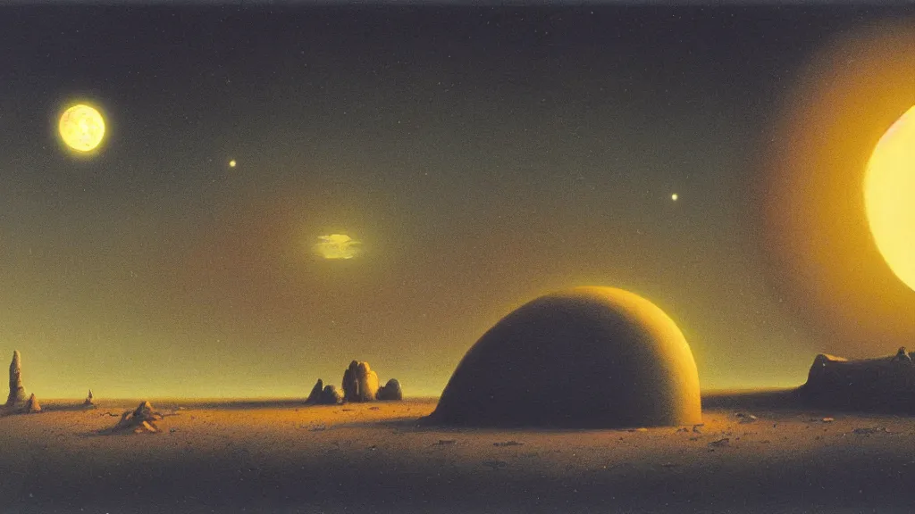Image similar to mysterious whimsical sculpture of an alien crescent moon by paul lehr and john schoenherr and john harris, cinematic matte painting