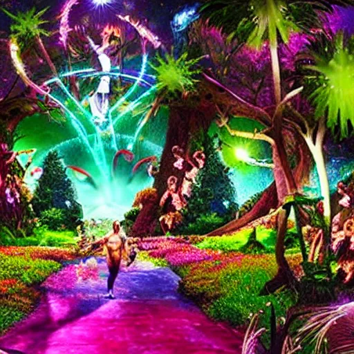 Image similar to the garden of eden but it's an edm festival