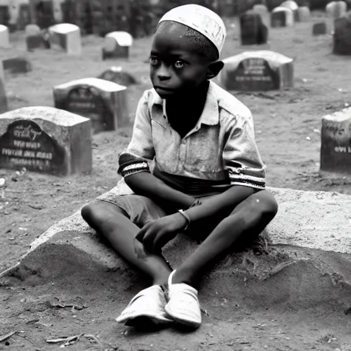 Image similar to a nigerian boy sitting next to a grave, the grave has an engraved text that says rip anglettere super detailed, accurate text, sunflare.