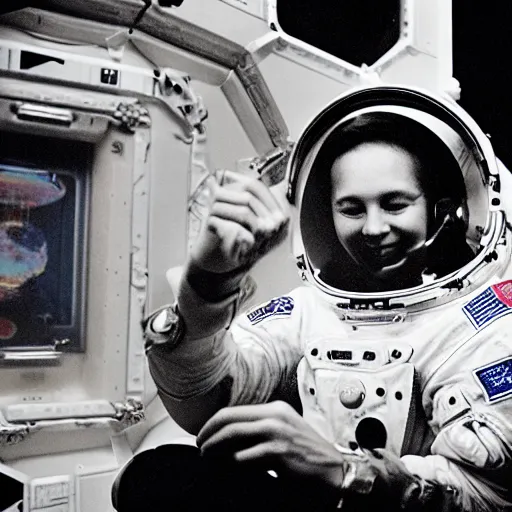 Image similar to an astronaut playing solitaire and winning in an academy, 3 5 mm photograph