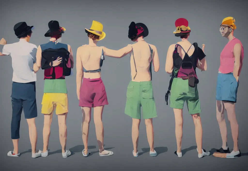 Prompt: full body portrait of a trio of european tourists with nikon cameras, rear views, character designs painting, in the style of wes anderson, rene magritte, lola dupre, david hockney, isolated on white background, dark monochrome neon spraypaint accents volumetric octane render