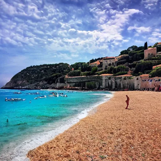Prompt: A beautiful beach in the south of France, wide-angle photography, award winning, very high quality