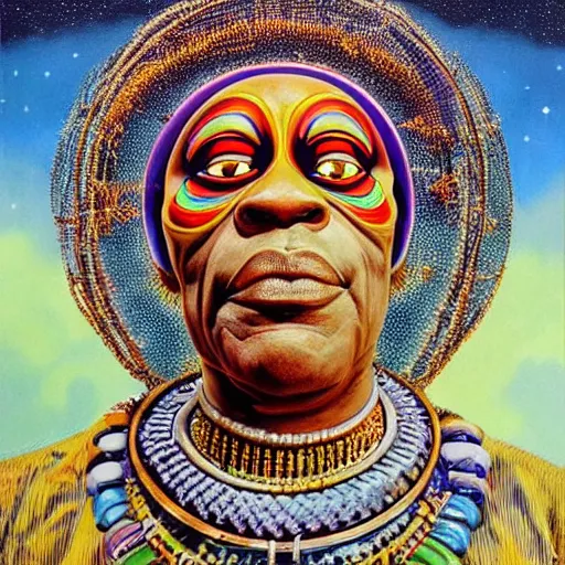 Image similar to beautiful lifelike painting of sun ra and his interstellar arkestra, hyperreal detailed facial features and uv lighting, art by ed roth and basil wolverton