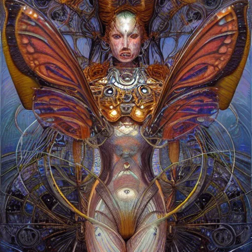 Prompt: realistic illustration of a beautiful rusted mechanical faerie queen with glowing eyes, moth wings with geometric patterns, reflective detailed textures, baroque dark fantasy science fiction painting by donato giancola and diego rivera and jean delville and moebius, silver and cool colors, artstation, octane render