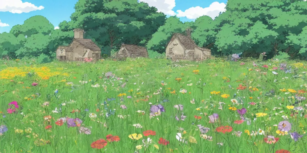 Image similar to an open field with wild flowers, with a small cottage in the distance, studio ghibli