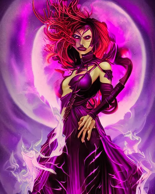 Image similar to pyromancer devil girl cover in purple death flames, deep pyro colors, purple laser lighting, award winning photograph, radiant flares, intricate, various refining methods, micro macro autofocus, evil realm magic painting vibes