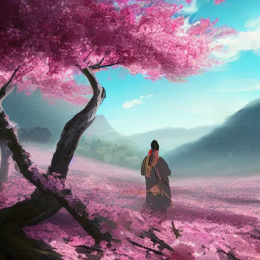 Prompt: A lone samurai watching over a valley of cherry blossom trees, decayed, concept art, HD —H 1024