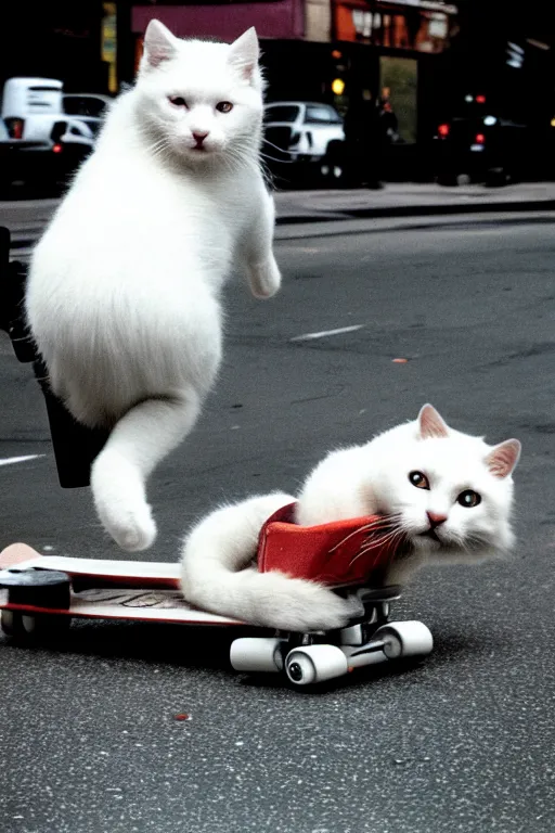 Prompt: leica s photograph, kodachrome film, subject is a white furry cat riding on a skateboard that is rolling down broadway in nyc, bruce gilden, detailed