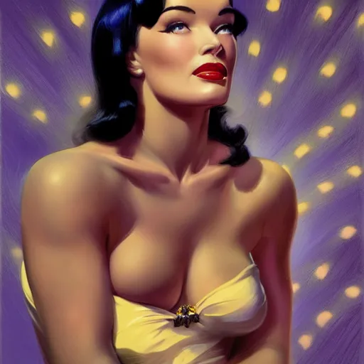 Image similar to portrait of bettie page, intricate, elegant, glowing lights, highly detailed, digital painting, artstation, glamor pose, concept art, smooth, sharp focus, illustration, art by frank frazetta, william mortensen, arny freytag