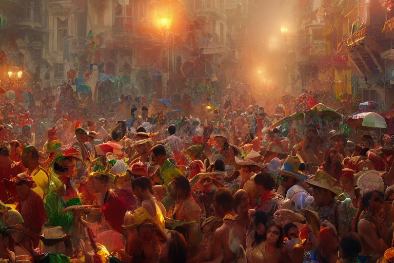 Image similar to carnaval de barranquilla colombia, thorough details, intricate, artstation, atmosphere, highly detailed, craig mullins, james jean, digital painting, deviantart, cinematic lighting, 4 k