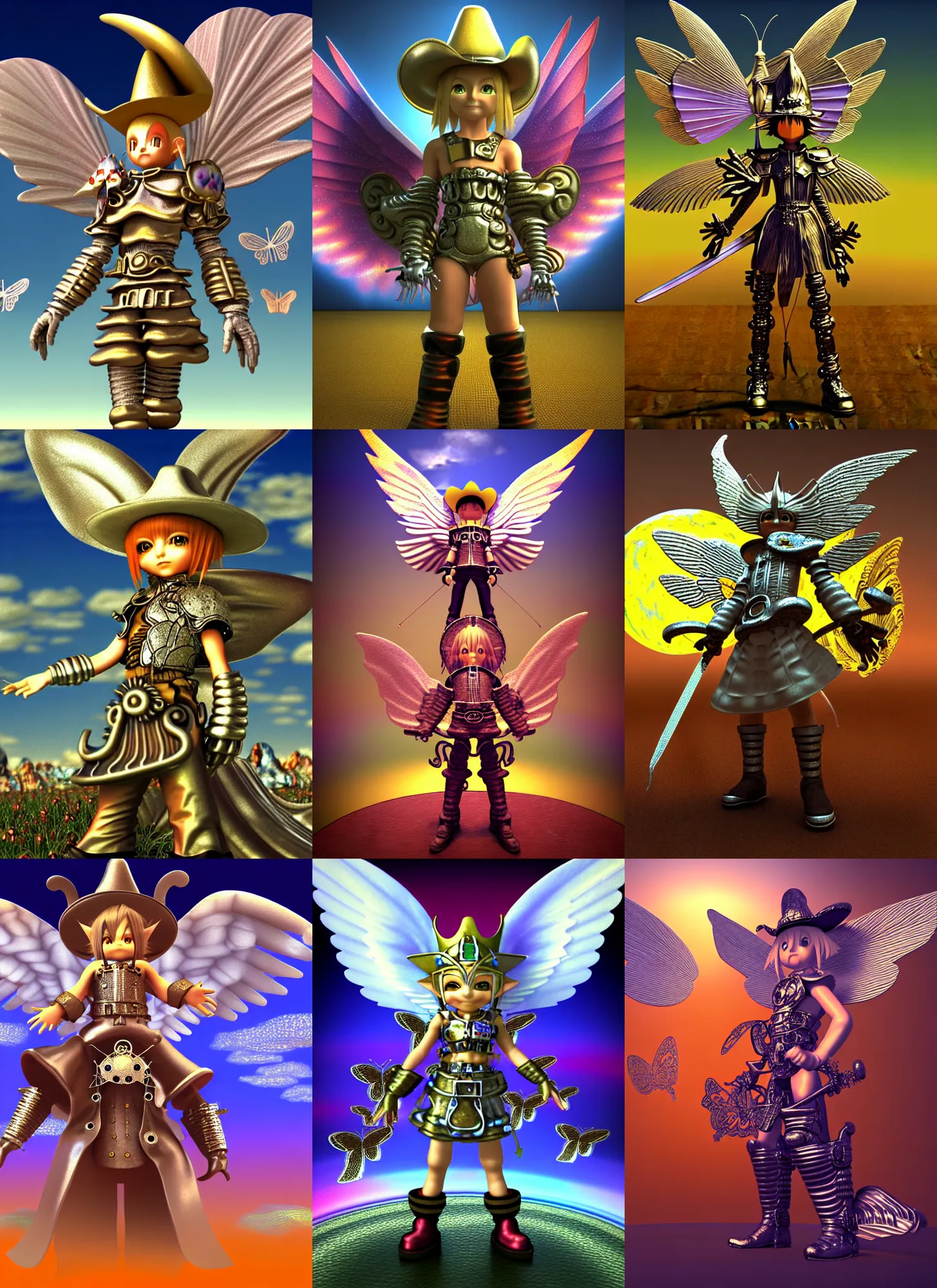 Prompt: vintage cgi 3 d render by micha klein of chibi cyborg metallic wizard final fantasy ix by ichiro tanida wearing angel wings and a big cowboy hat, standing in a big psychedelic landscape background filled with 3 d butterflies and 3 d flowers n the style of old cgi 3 d rendered bryce 3 d, wide frontal view