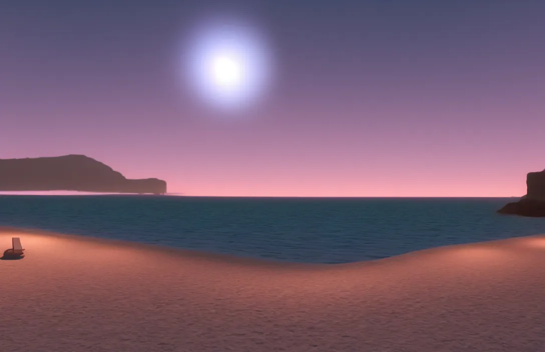 Image similar to on the beach by the sea, at night, unreal engine rendering, with light and shadow