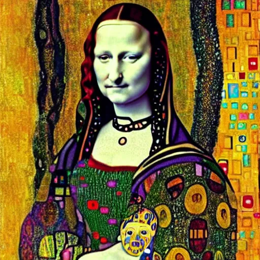 Image similar to monalisa in the style of gustav klimt!!!!!!!!!!