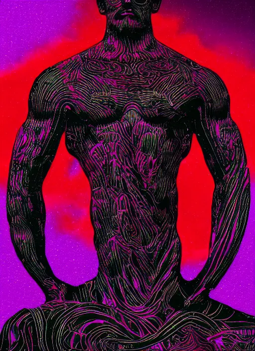 Prompt: black background!!!!!!!!!, with subtle red and purple design elements, statue of zeus, nekro, graphic design, collage art, thin lines, dark, glitch art, neo vaporwave, gritty, layout frame, square, trending on artstation