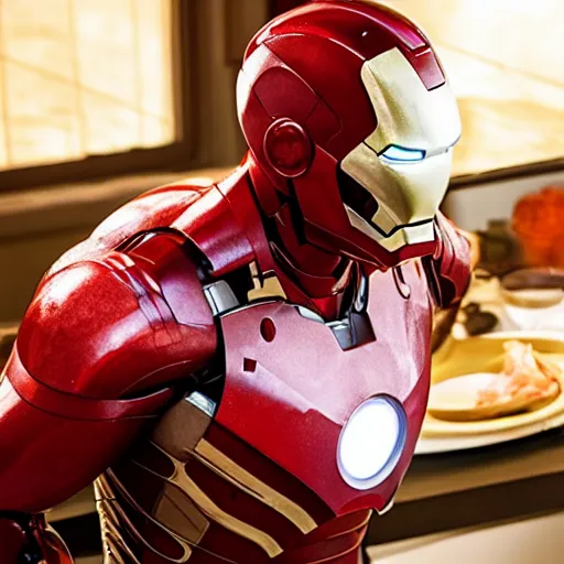 Image similar to ironman body with a cooked ham as his head, movie still, 8 k