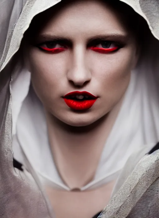 Prompt: closeup portrait of a young gothic nun with bright red lipstick, depth of field, zeiss lens, detailed, symmetrical, centered, fashion photoshoot, by Annie Leibovitz and Steve McCurry, David Lazar, Jimmy Nelsson, Breathtaking, 8k resolution, extremely detailed, beautiful, establishing shot, artistic, hyperrealistic, beautiful face, octane render