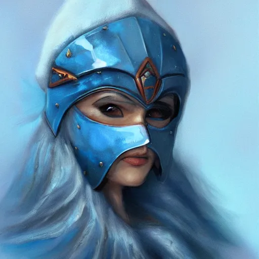 Image similar to art, bandit from ‘ icewind dale ’ with a frost blue gem mask lined with copper, ‘ icewind dale 2 ’ profile portrait by ‘ justin sweet ’, falling snow, soft focus, illustration, oil paint, trending artstation