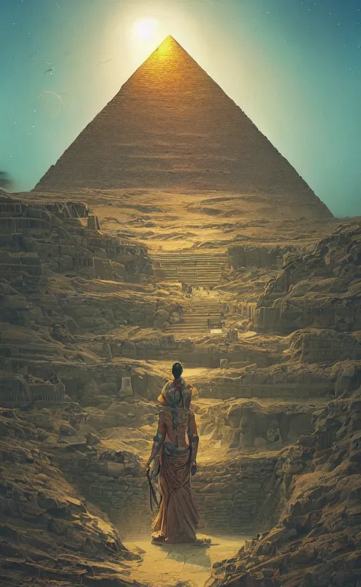 Image similar to the mummy, egypt, pyramid, bioluminance, treasure, greenery, brush strokes, heavy paint, portrait, rim light, fresh colors, gradients, highly detailed, digital illustration, concept art, smooth, sharp focus, pleasing aesthetics, josan gonzalez, michael dante dimartino, simon stalenhag, print