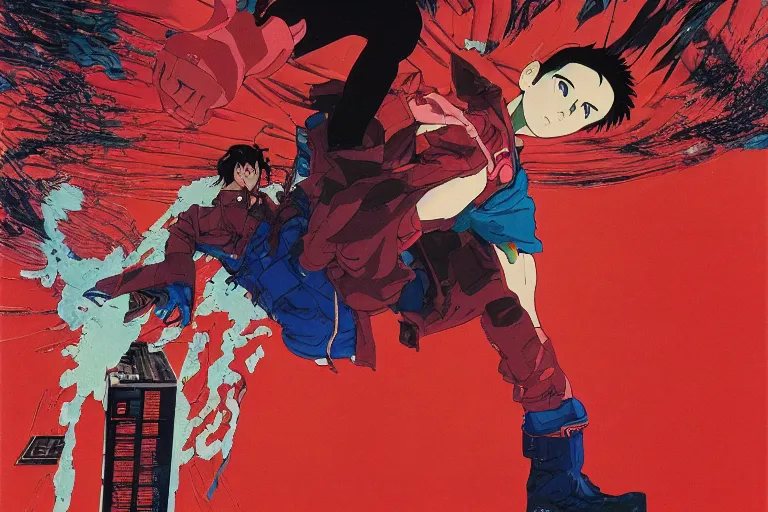 Prompt: Ariel view of Tetsuo wearing torn red cape with incredibly powerful right arm consuming Neo-Tokyo created by Hideaki Anno + Katsuhiro Otomo +Rumiko Takahashi, Movie poster style, box office hit, a masterpiece of storytelling, (Akira 1988) highly detailed 8k