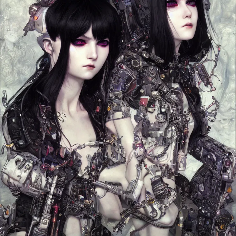 Image similar to portrait of beautiful young goth babe, cyberpunk, Warhammer, highly detailed, artstation, illustration, art by Gustav Klimt and Range Murata and Ilya Kuvshinov and Sakimichan