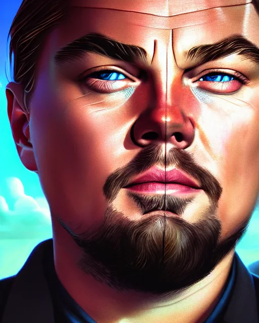 Prompt: centered detailed portrait of leonardo dicaprio in don't look up, futuristic, intricate, octane render, redshift, smooth, illustration, fairy lighting, clouds in the background, hyperrealistic, by dmitry prozorov, loish, and wlop, trending on artstation, hyperdetailed, hyperrealism
