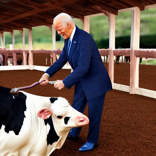 Image similar to president biden milking a cow, ultra realistic, 8 k, ultra details, highly detailed face, sharp focus