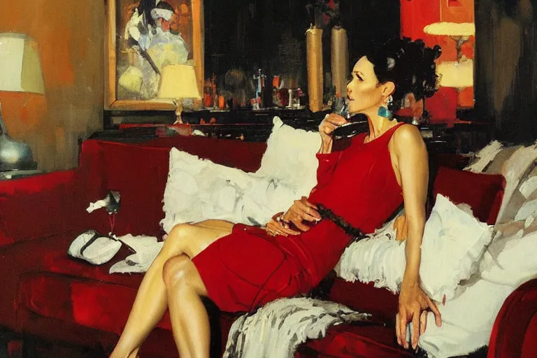 Image similar to a woman in a red dress sits on a sofa and drinks champagne in a dark living room, painted by phil hale and rick berry and dean cornwell and norman rockwell and jeremy mann