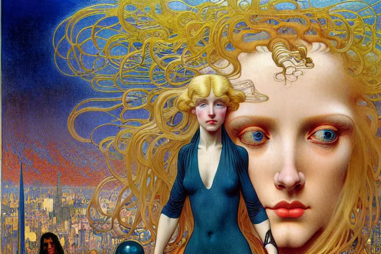 Image similar to realistic extremely detailed full length portrait painting of a girl with blond hair in a crowded modern sci-fi city street by Jean Delville, Amano, Yves Tanguy, Alphonse Mucha, Ernst Haeckel, Edward Robert Hughes, Roger Dean, rich moody colours, blue eyes