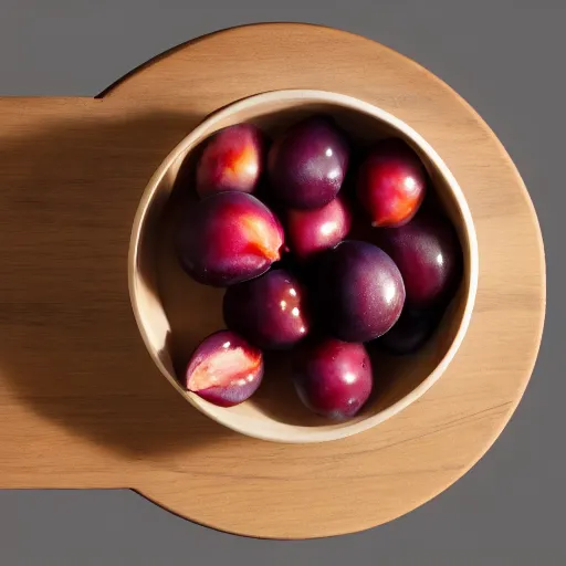 Image similar to a thick porcelain bowl filled with six large moist freshly picked plums on a wooden table. volumetric lighting. 4 k. small scale.