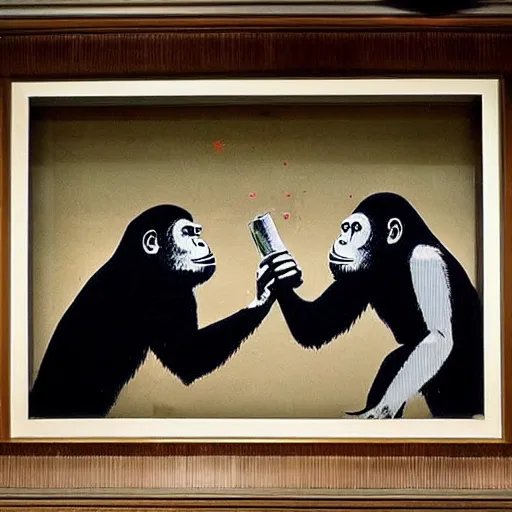 Prompt: display of 2 apes holding champaign bottles, money falling from the sky, made by banksy