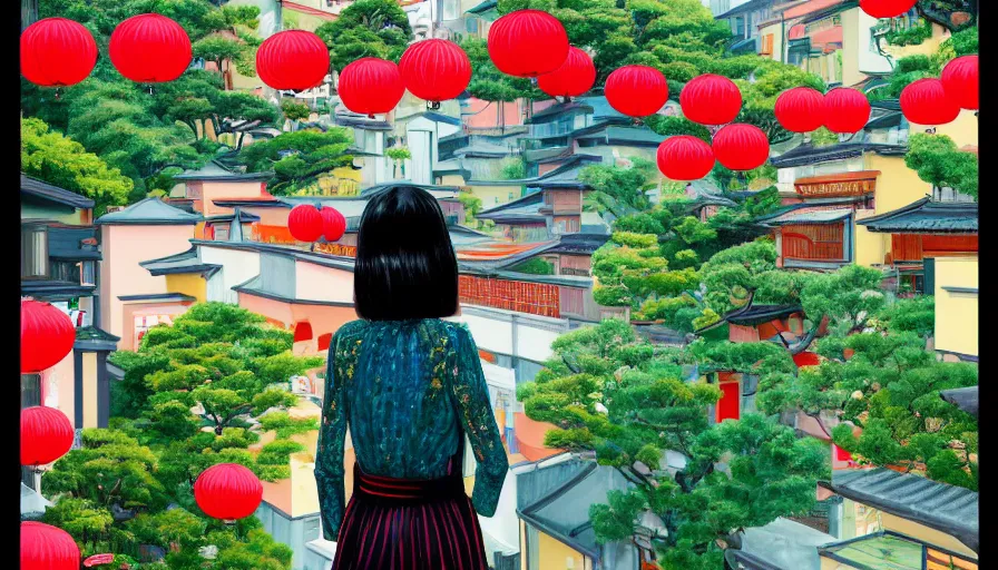 Prompt: a vibrant dream of a beautiful girl wearing gucci from behind on a balcony looking out over a fancy street in kyoto japan, lush plants, jiufen taiwan, glowing paper lanterns, high fashion, magic details, by moebius, edward hopper, james gilleard, and james jean, hd, 8 k, trending on artstation, uhd,