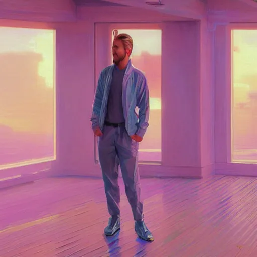 Image similar to ryan gosling robotic clothes in the beach purple sun, dancing ballet, effeminate, pink lighting ultra realistic photorealistic highly detailed high quality, a stunningly, digital painting, artstation, concept art, smooth, sharp focus, illustration, art by artgerm and greg rutkowski and alphonse mucha 8 k