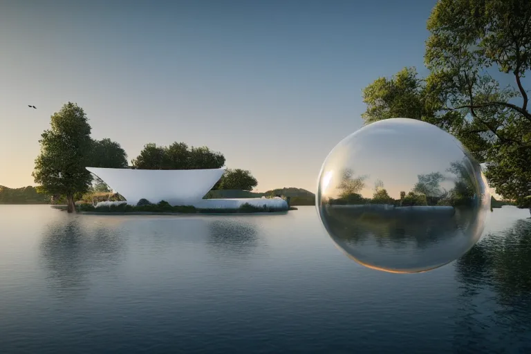 Prompt: a white soap bubble shaped building on the calm lake, human perspective, future, interior wood, marble, award winning, highly detailed 4 k art, dusk, unreal engine highly rendered, global illumination, radial light, internal environment by kazuyo sejima