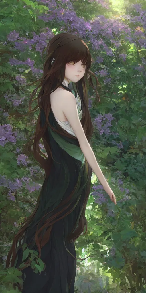 Prompt: a digital art of a loli with long hair in a dark colour dress in the privet garden at after noon, green and warm theme, back lighting, by krenz cushart and mucha and akihito yoshida and greg rutkowski and makoto shinkai, extremely long shot, detailed eyes, 4 k resolution, trending on art station