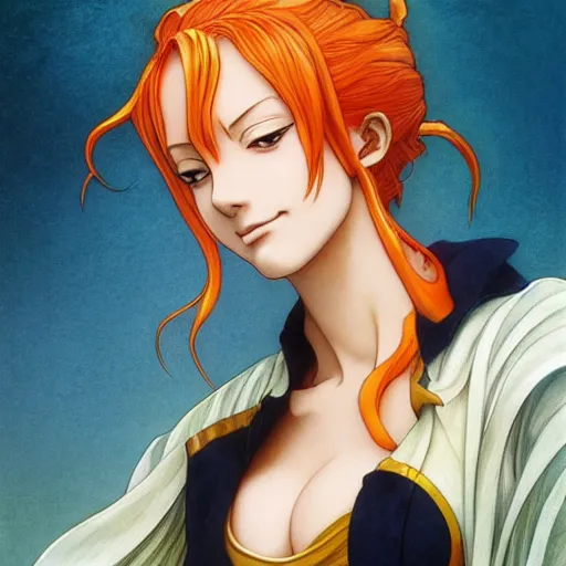 Prompt: intricately detailed vfx portrait of nami from one piece by eiichiro oda, makoto shinkai, alphonse mucha, art by artgerm and greg rutkowski, best of behance, concept art, matte, sharp focus, orange hair, elegant, adolphe bouguereau, annie leibovitz, stanley kubrick, johannes vermeer, hdr,