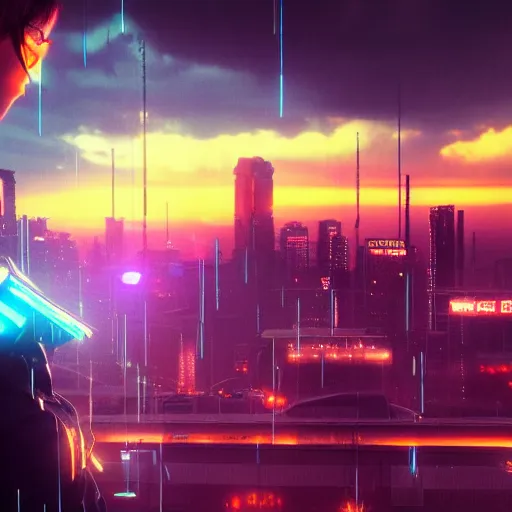 Image similar to « glowing neon lights, sunrise, cyberpunk, alita battle angel, blade runner, rainy, cold, clouds, far view, photorealistic, unreal engine 5, sharp focus »