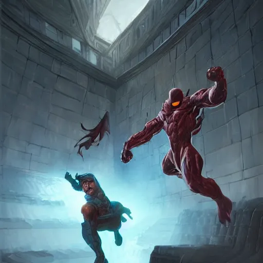 Image similar to comic book boss fight, highly detailed, professional digital painting, Unreal Engine 5, Photorealism, HD quality, 8k resolution, cinema 4d, 3D, cinematic, art by artgerm and greg rutkowski