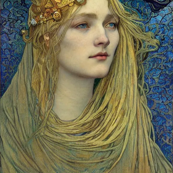 Image similar to detailed realistic beautiful young medieval queen face portrait by jean delville, alphonse mucha, vincent van gogh, and marco mazzoni, art nouveau, symbolist, visionary, gothic, pre - raphaelite