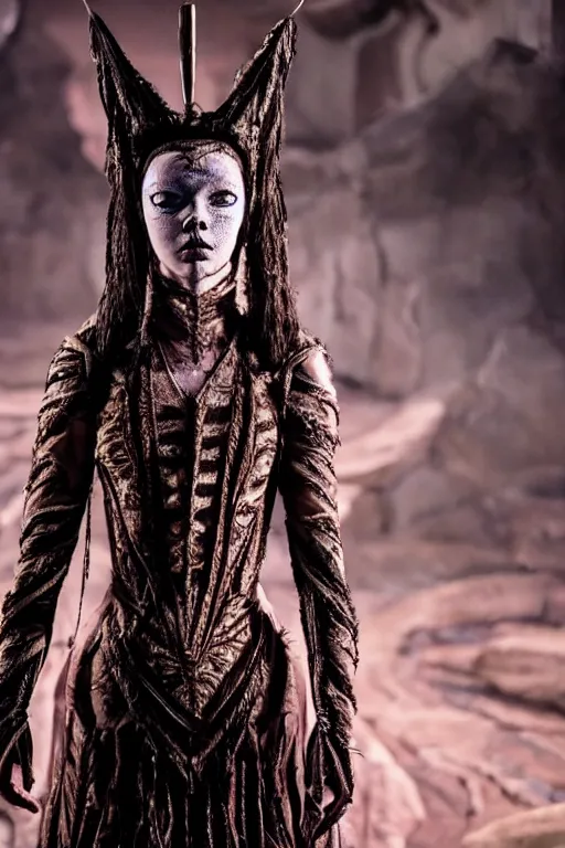 Image similar to dressed anya taylor - joy as senobith, symmetrical, cinematic, elegant, dark, real photography, costume made by clive barker, 4 k, ultra hd, sense of awe