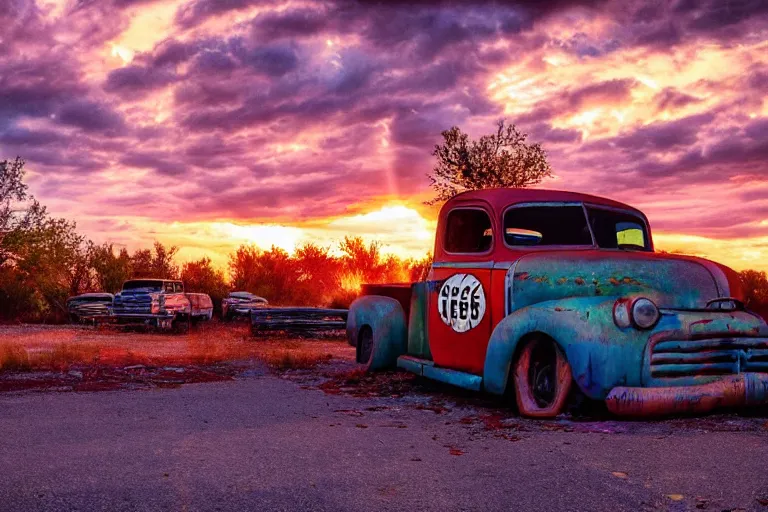 Image similar to a sunset light landscape with historical route 6 6, lots of sparkling details and sun ray ’ s, blinding backlight, smoke, volumetric lighting, colorful, octane, 3 5 mm, abandoned gas station, old rusty pickup - truck, beautiful epic colored reflections, very colorful heavenly, softlight