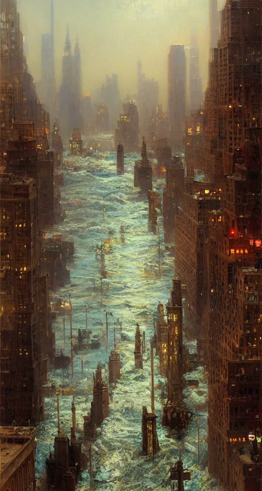 Prompt: the sea flooding the entire city of modern new york. you can see the water entering buildings highly detailed painting by gaston bussiere, craig mullins, j. c. leyendecker