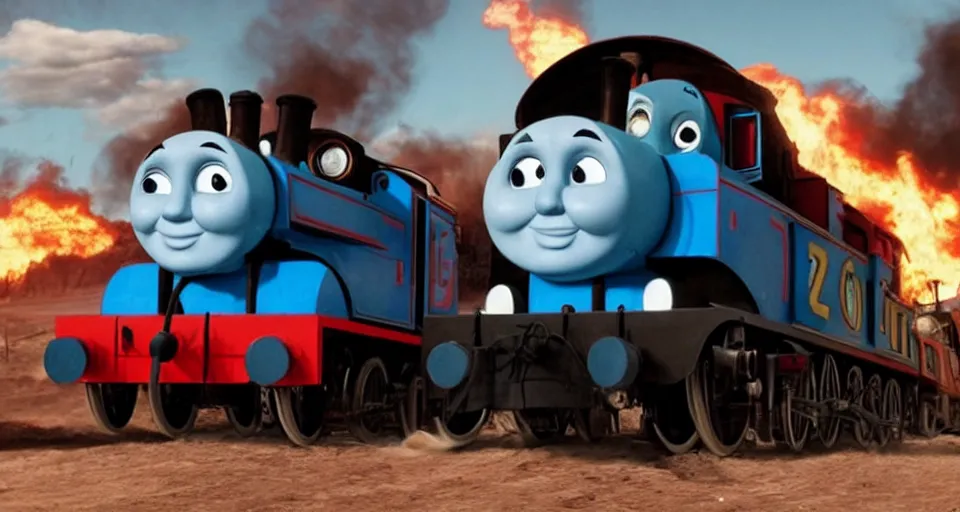 Image similar to Thomas the Tank Engine in the fiery wasteland of MAD MAX: FURY ROAD