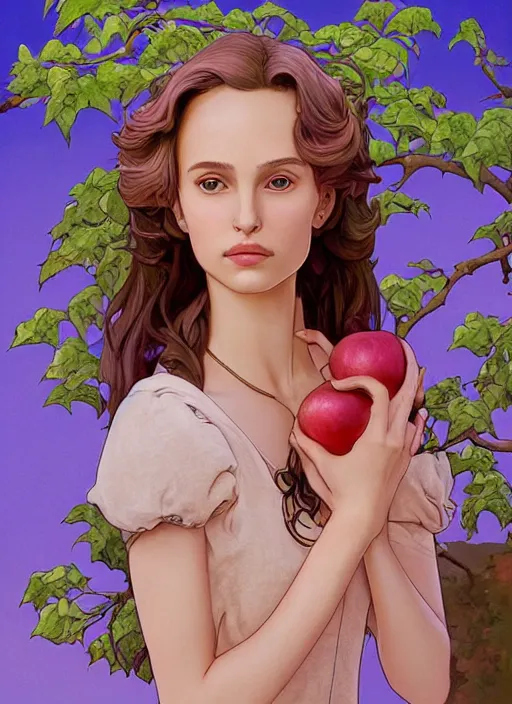 Prompt: well - lit art nouveau portrait of a 1 3 - year old girl wih resembles natalie portman and emily browning looking distressed under an apple tree, natural lighting, path traced, highly detailed, high quality, cartoon, digital painting, by don bluth and ross tran and studio ghibli