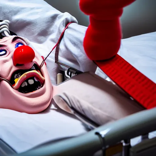 Image similar to confused laughing clown lying in hospital bed with wrist restraints on, restraint fabric straps attached to hospital bed, photograph, 8 k