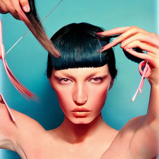 Image similar to a studio close - up portrait of a beautiful fashion model curls her hair, given herself a haircut. surreal photograph, lo - fi, polished look, silly and serious, hermes ad, fashion photography, toiletpaper magazine, 3 5 mm photograph, colourful, by pierpaolo ferrari, maurizio cattelan, david lachapelle