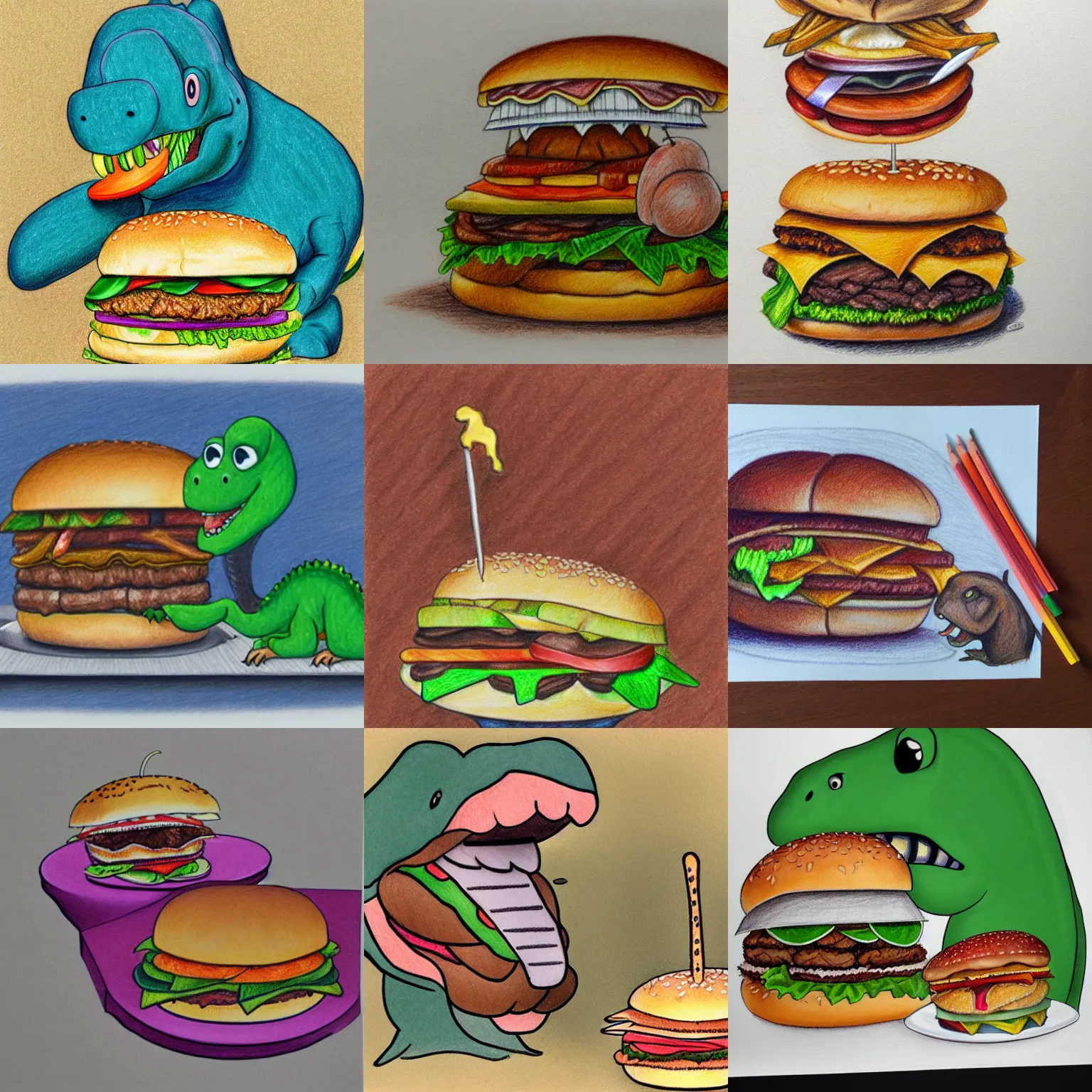 Prompt: color pencil drawing, a dinosaur eating a burger