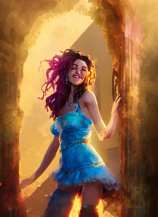 Image similar to an epic fantasy comic book style portrait painting of a girl wearing colorful makeup with a smile and curly brown hair stepping out of a doorway with light shining behind her, unreal 5, daz, hyperrealistic, octane render, cosplay, rpg portrait, dynamic lighting