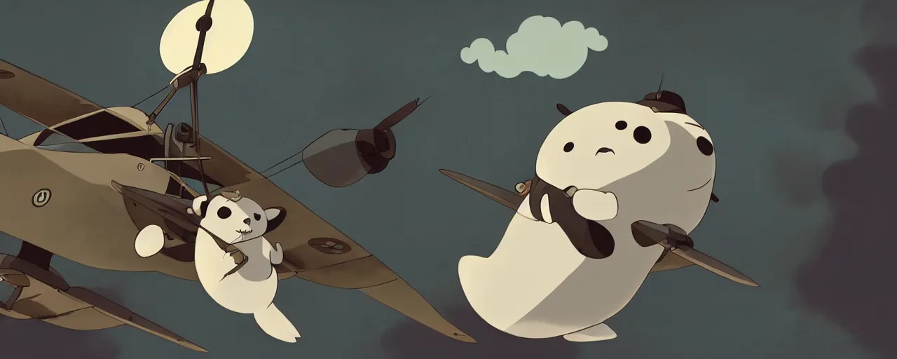 Image similar to baby harp seal dressed as a 1 9 3 0 s pilot flying a japanese zero, 1 9 3 0 s, atey ghailan, goro fujita, studio ghibli, rim light, intense daytime lighting, clear focus, very coherent