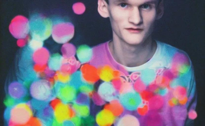 Image similar to a dreamy retro 8 0 s photo of vitalik buterin, bloomy, colorful, awesome, by dave mckean